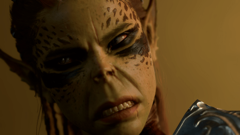 An extreme close up of Lae'zel, played by Devora Wilde, in Baldur's Gate 3.