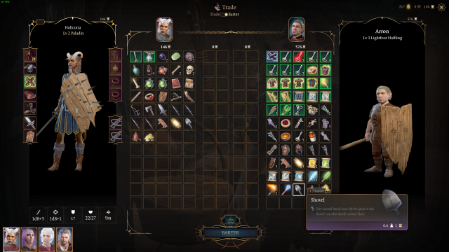 The barter screen at a trader's shop in Baldur's Gate 3