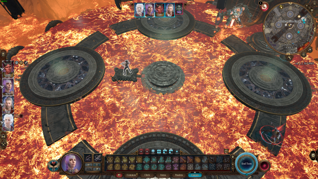 The scene when the Grym enters the forge in Baldur's Gate 3 - a selection of platforms surrounded in lava.