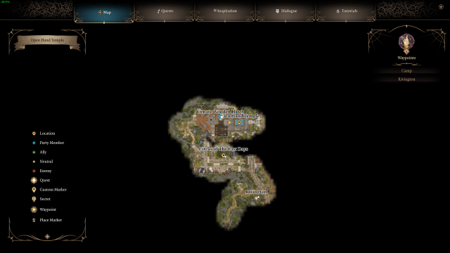 Map screenshot of the location of the Open Hand Temple