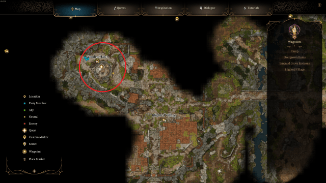 A map from Baldur's Gate 3 showing the layout of the Blighted Village. A red circle points to the gnome's location.