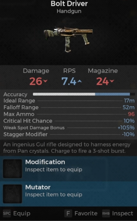 A screenshot from Remnant 2 showing the stats for the Bolt Driver handgun reward.