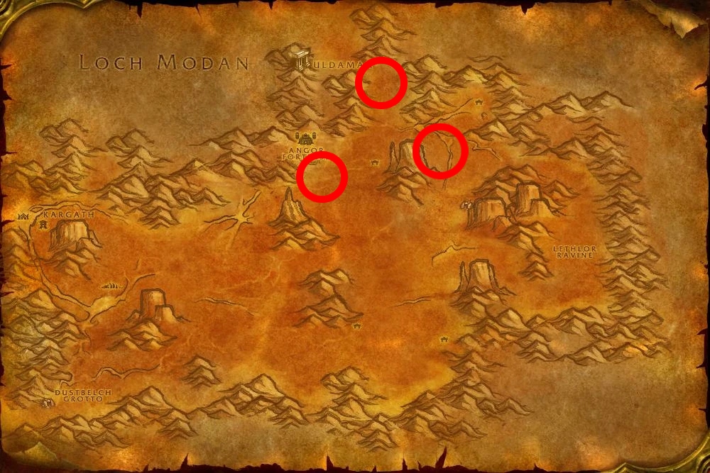 A WoW Classic screenshot showcasing the possible spawn points for the Broken Tooth Hunter pet in the Badlands.