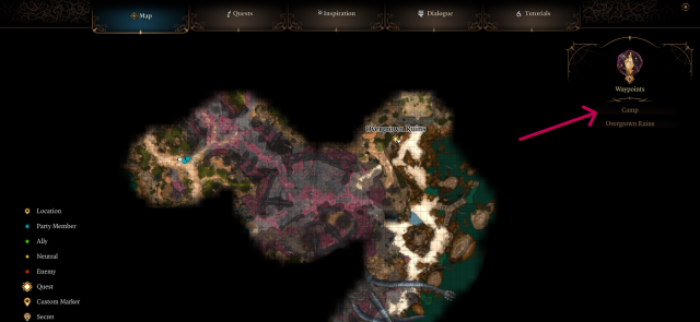 Image displays the map menu of Baldur's Gate 3 with an arrow pointing to "camp."