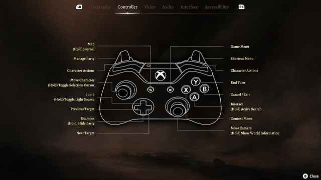 The controller layout screen in Baldur's Gate 3