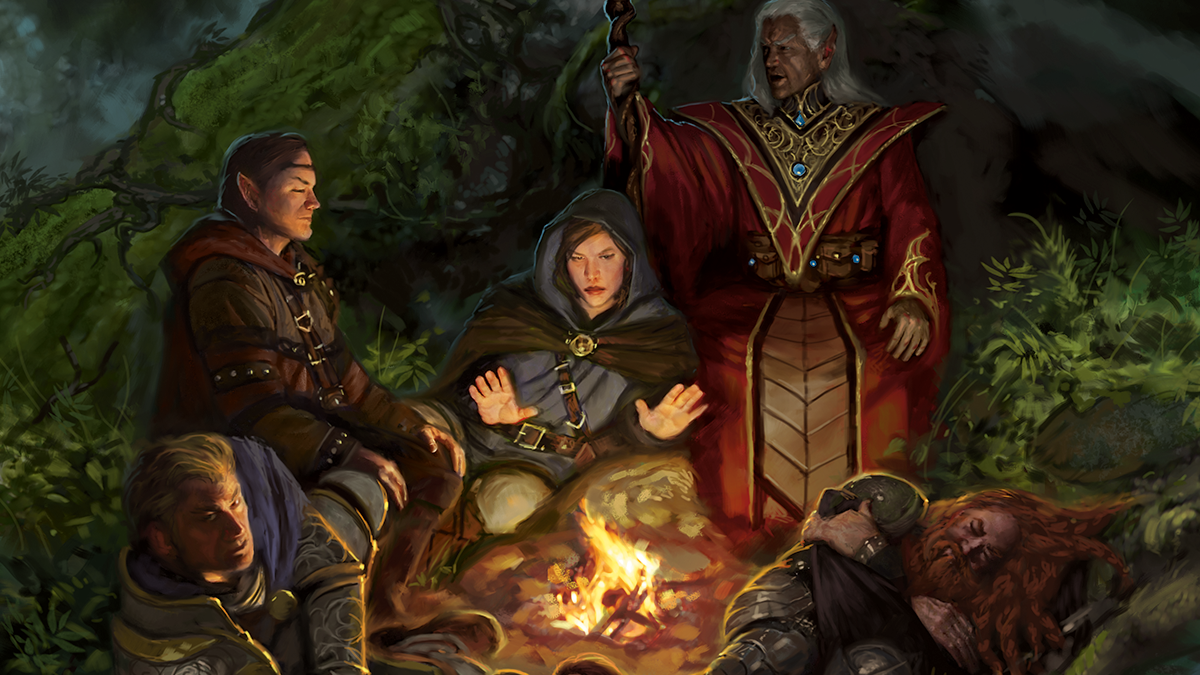 A party of adventurers rest around the fire, with common DnD classes all present.