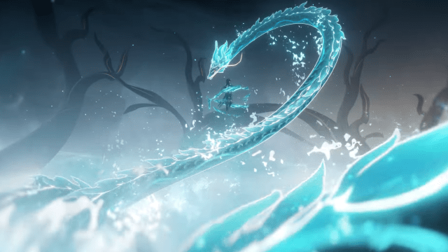 Dan Heng floating while surrounded by swirling water and a massive Hydro dragon.