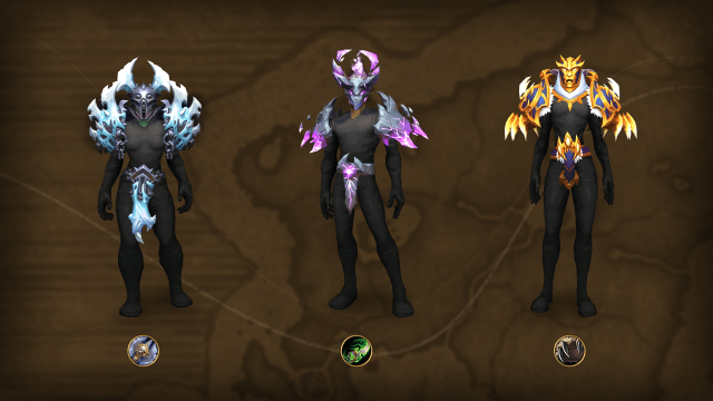 Three WoW characters wearing Death Knight, Druid, and Demon Hunter Trading Post armor sets