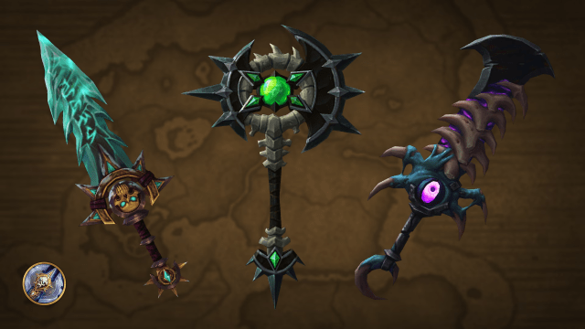 Three dark-colored Death Knight Trading Post weapons
