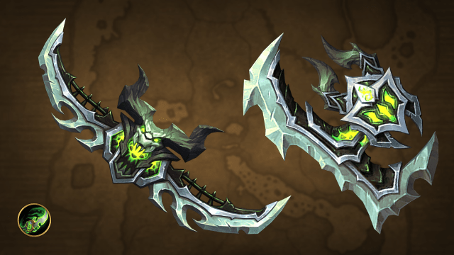 Two fel-imbued Demon Hunter weapons from the Trading Post