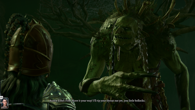 A hideous hag threatens an adventurer.