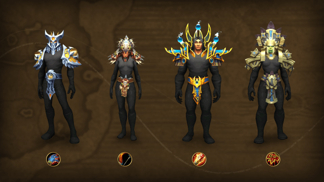 Three WoW characters wearing Evoker, Hunter, Mage, and Shaman Trading Post armor sets