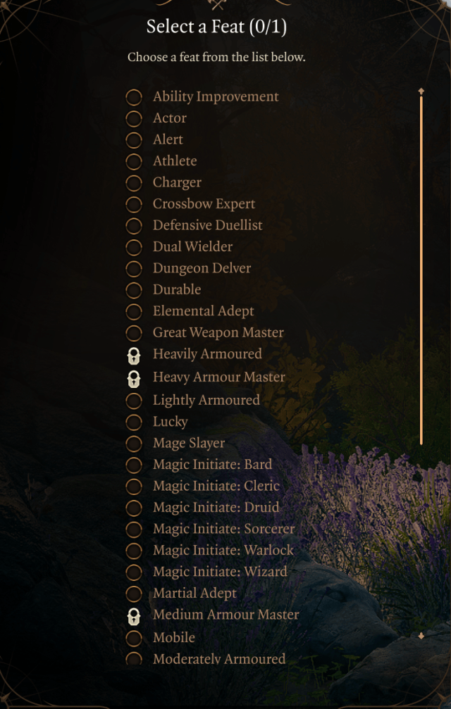Screenshot showing all feats in Baldur's Gate 3