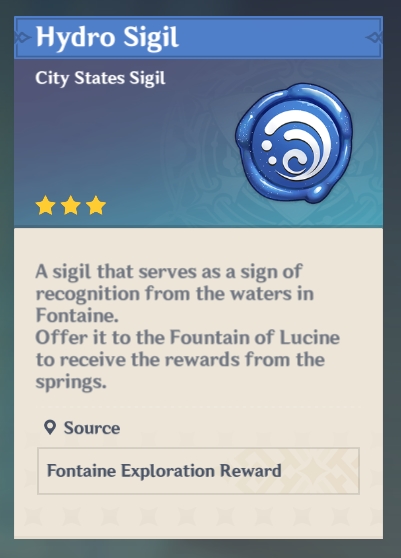 Screenshot showing the description of a Hydro Sigil.