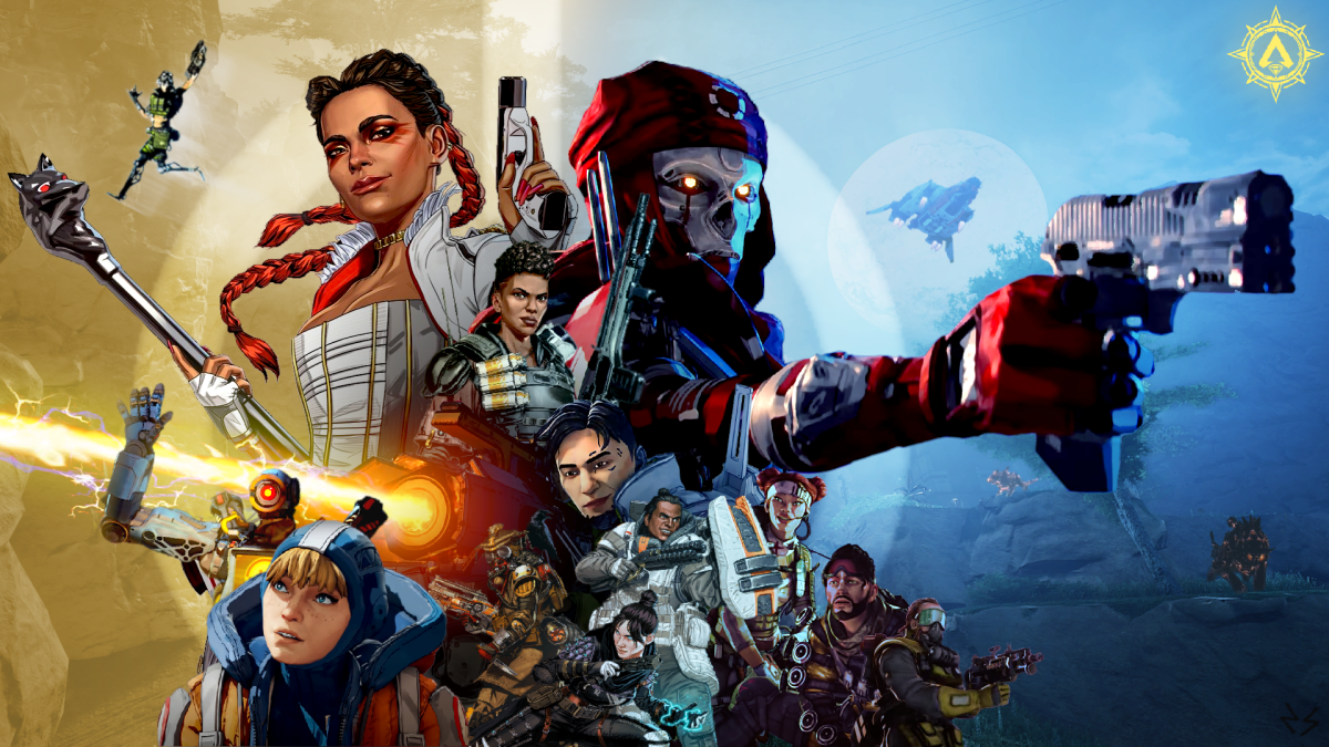 The cast of Apex Legends all pose epically in a split blue-and-gold background.