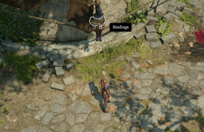 The player character in Baldur's Gate 3 standing in front of the gnome tied to the windmill.