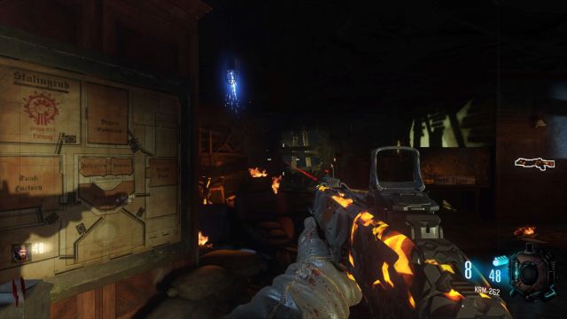 Image with a shotgun on the screen colored in a lava-looking camo. There is a map of Gorod Krovi next to the player with a shadow on the map.