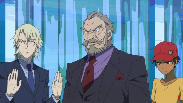 Laurent, Abigail, and Eddie all held at gunpoint (off screen) with Laurent already raising his hands.