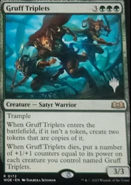 Image of three satyr warriors through MTG Gruff Triplets Wilds of Eldraine card