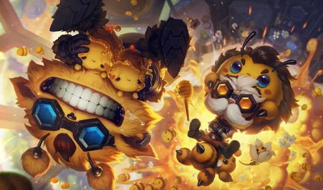 Heimerdinger and Ziggs as bees surrounded by honey