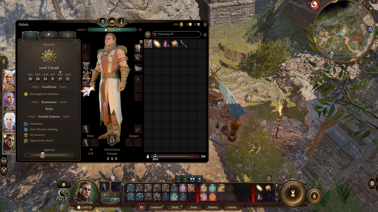 The image is of a character in a menu window, with stats and inventory displayed. The level of the character is displayed on the upper left side of the window, while a field with a camp is in the background behind it.