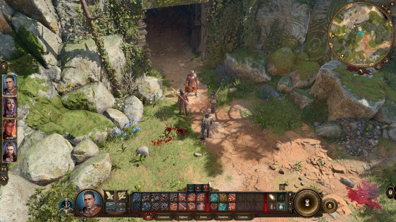 There is a group of adventurers in the middle of the screen, surrounded by a dirt road and grass. There is a large stone door ahead of them that is open.