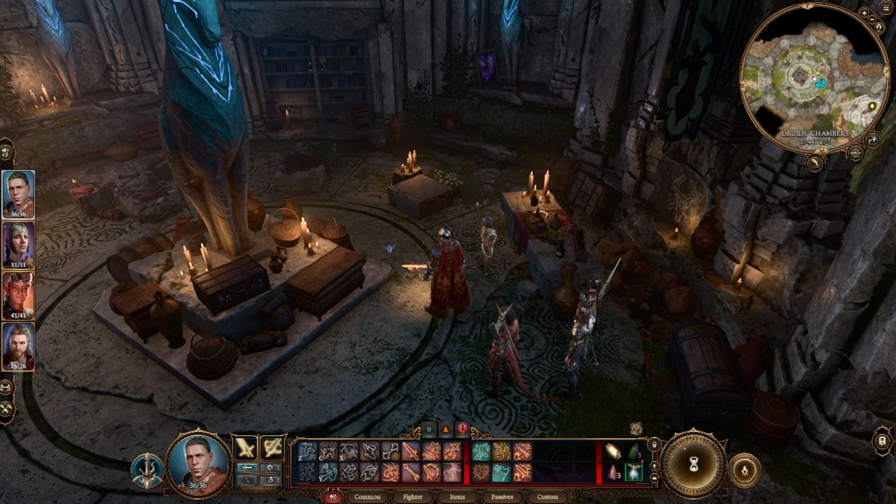 There is a group of adventurers in a chamber that is filled with objects like chests, books, and candles. There is a druid standing near the group that is facing a table with more objects on it. A giant statue stands in the middle of the room.