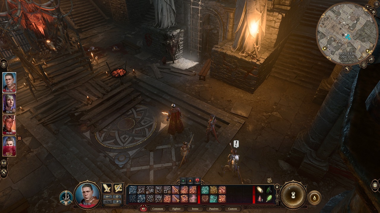 There is a group of adventurers in the center standing together. The floor below them has a star-shape design on it, with wooden planks and statues placed around. There are stairs and a ladder that lead to other areas above.