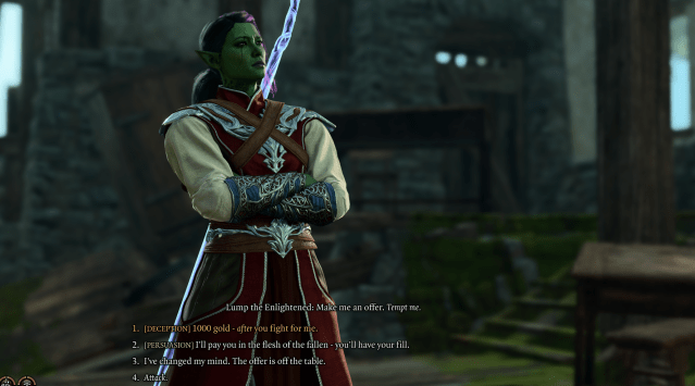 Image displaying dialogue options during a conversation with Lump the Enlightened.