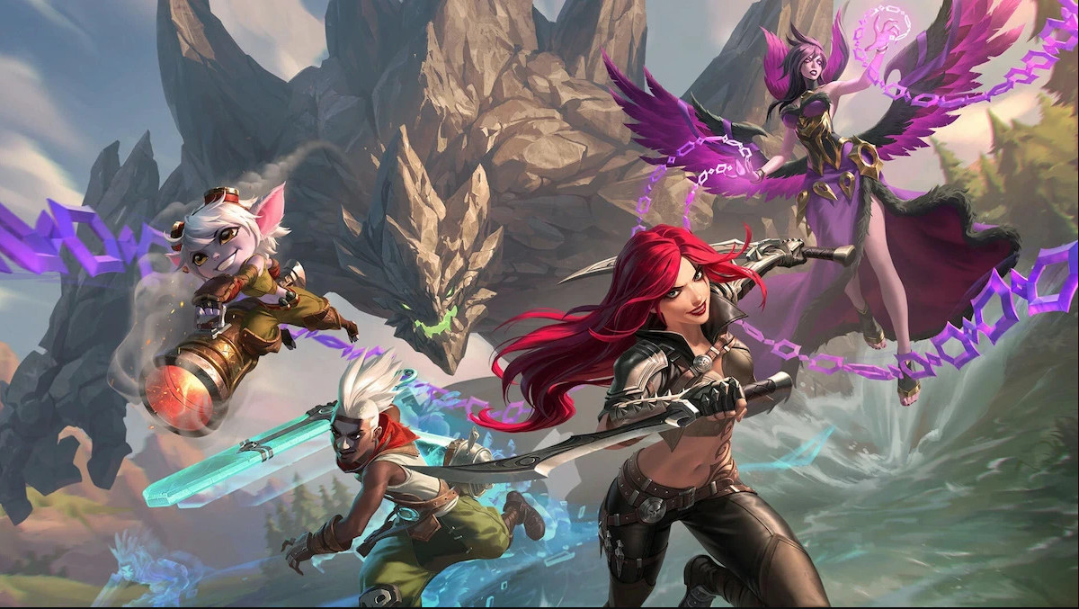 League champions including Katarina, Ekko, Tristana, and Malphite jumping into combat.