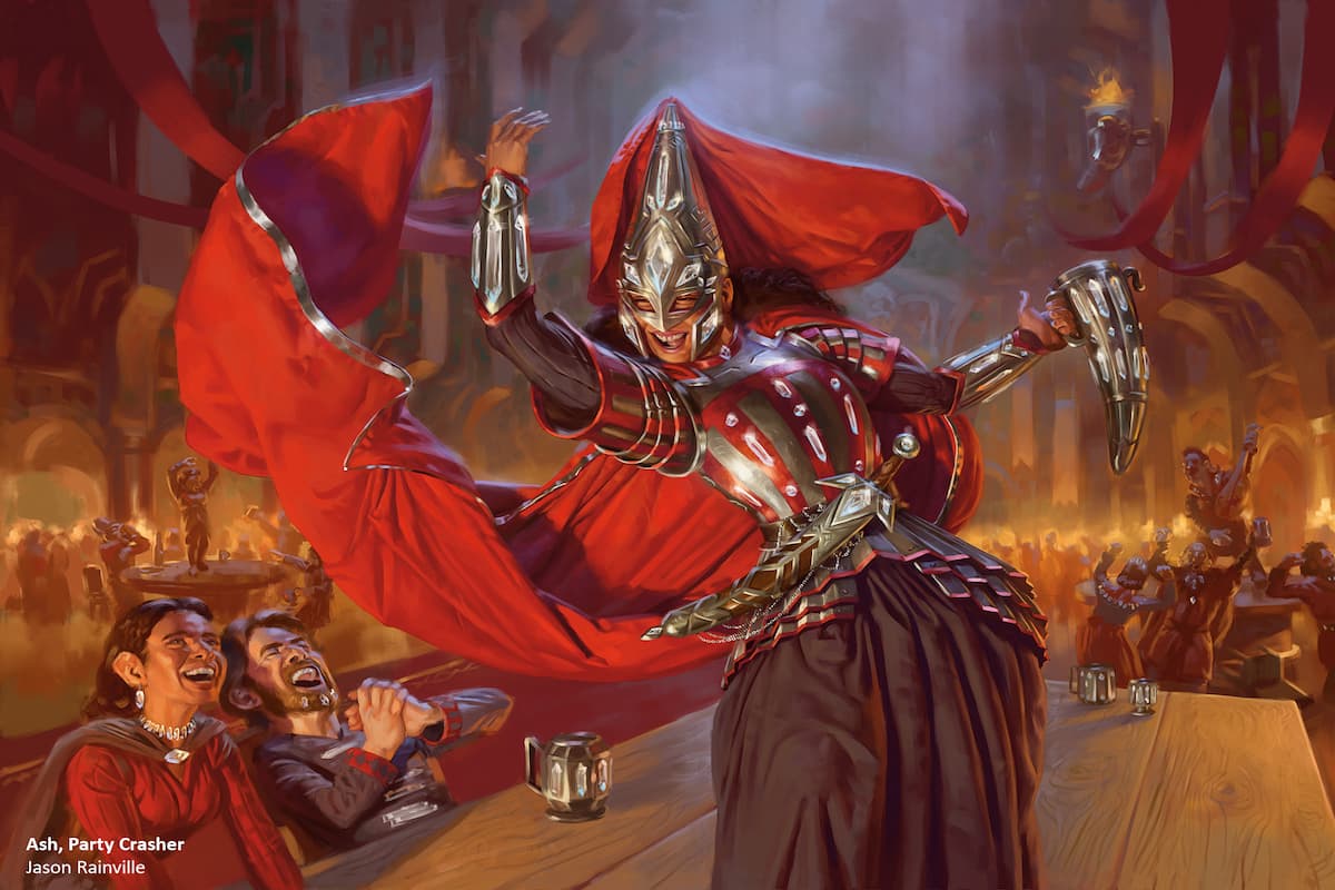 Image of soldier dancing on tables and drinking through Ash Party Crasher in WOE MTG set