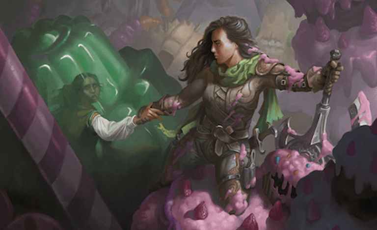 Image of woman soldier pulling another from an enemy candy through Back to Seconds Wilds of Eldraine MTG card