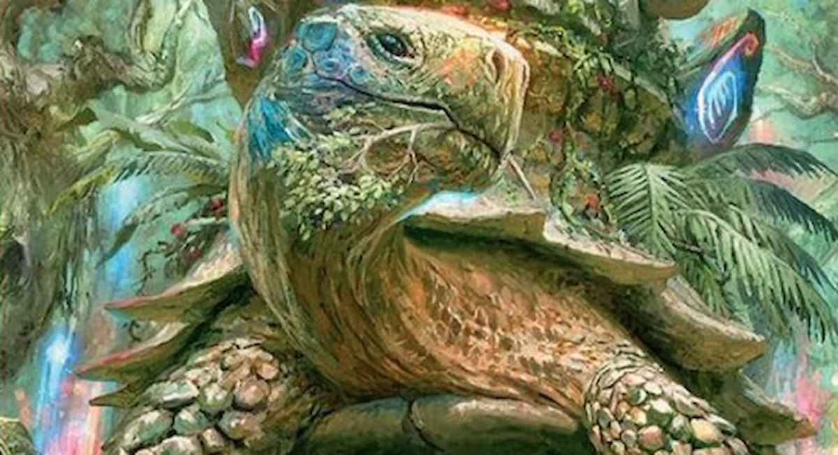 Image of magical turtle chewing on a tree through MTG Blossoming Tortoise Wilds of Eldraine set