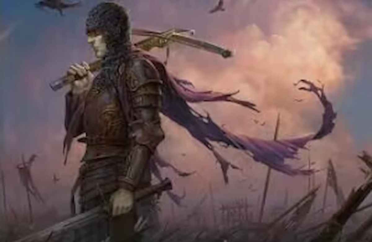 Image of soldier walking through battle wasteland through MTG Callous Sell-Sword Adventure in Wilds of Eldraine