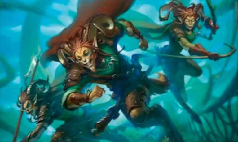 Image of three satyr warriors through MTG Gruff Triplets Wilds of Eldraine card