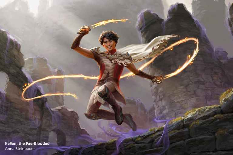 Image of Kellan with fire magic swords through MTG Kellan, the Fae-Blooded Wilds of Eldraine set