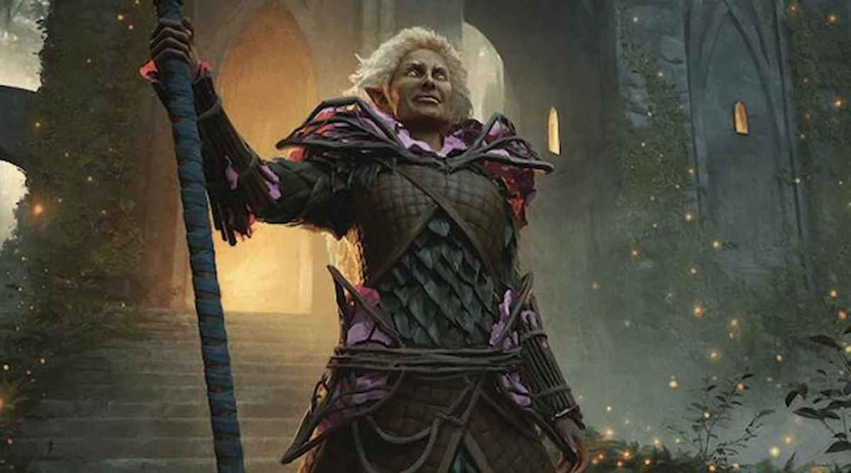 Image of elf standing in front of doorway through MTG Sentinel of Lost Lore Wilds of Eldraine set