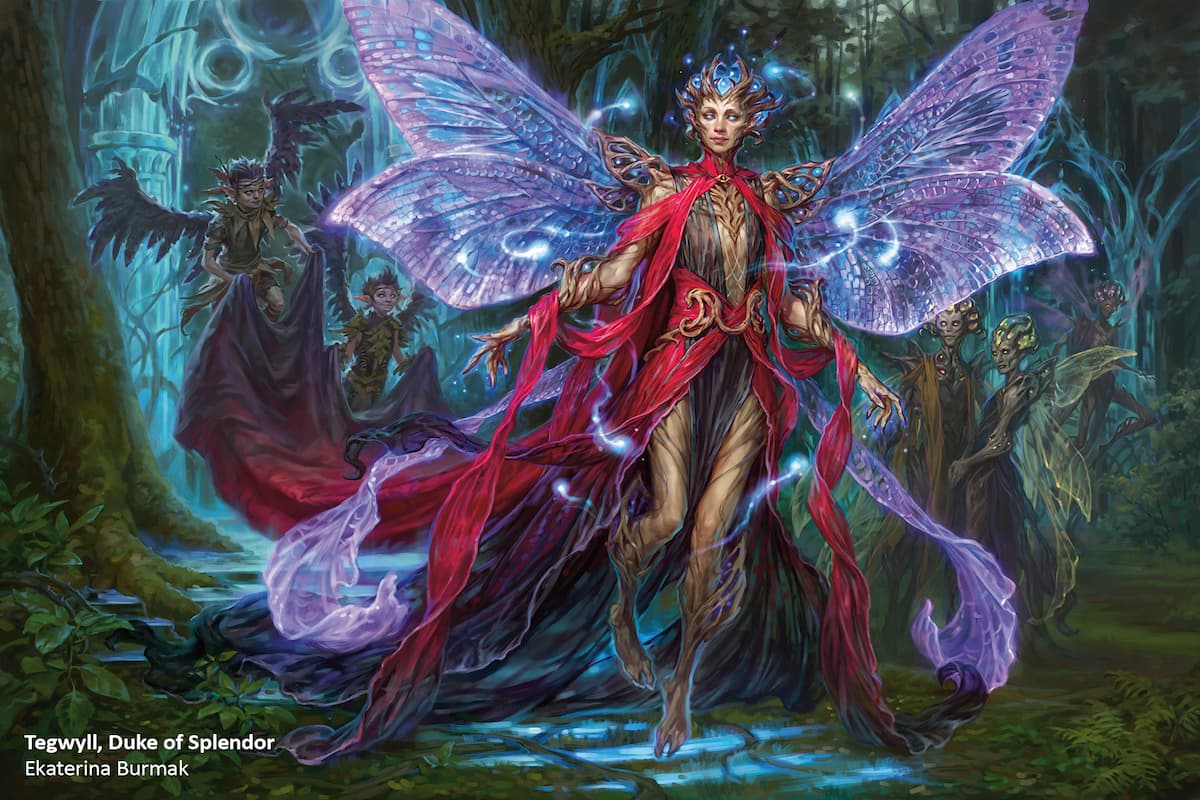 Image of faerie surrounded by subjects through MTG Tegwyll, Duke of Splendor Wilds of Eldraine Commander Precon