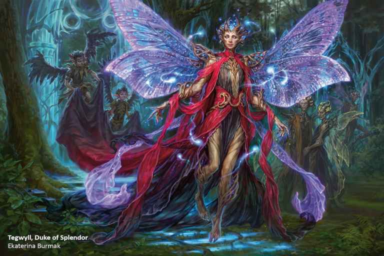 Image of faerie surrounded by subjects through MTG Tegwyll, Duke of Splendor Wilds of Eldraine Commander Precon