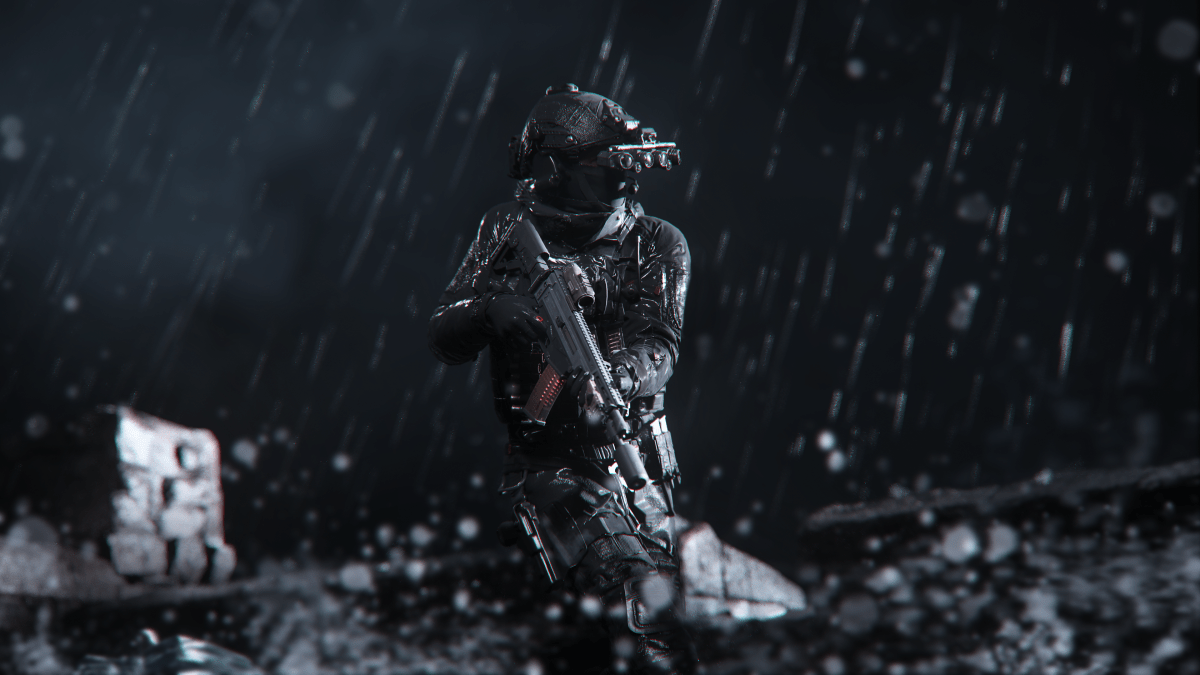 A CoD soldier in a rainy environment.