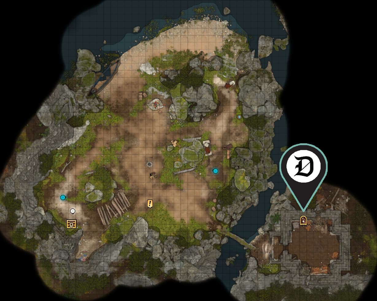 A screenshot of the camp map from BG3 showing readers where they can find the Magic Mirror to change their appearance.