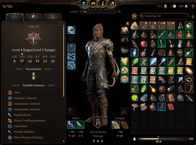 Main character menu in Baldur's Gate 3