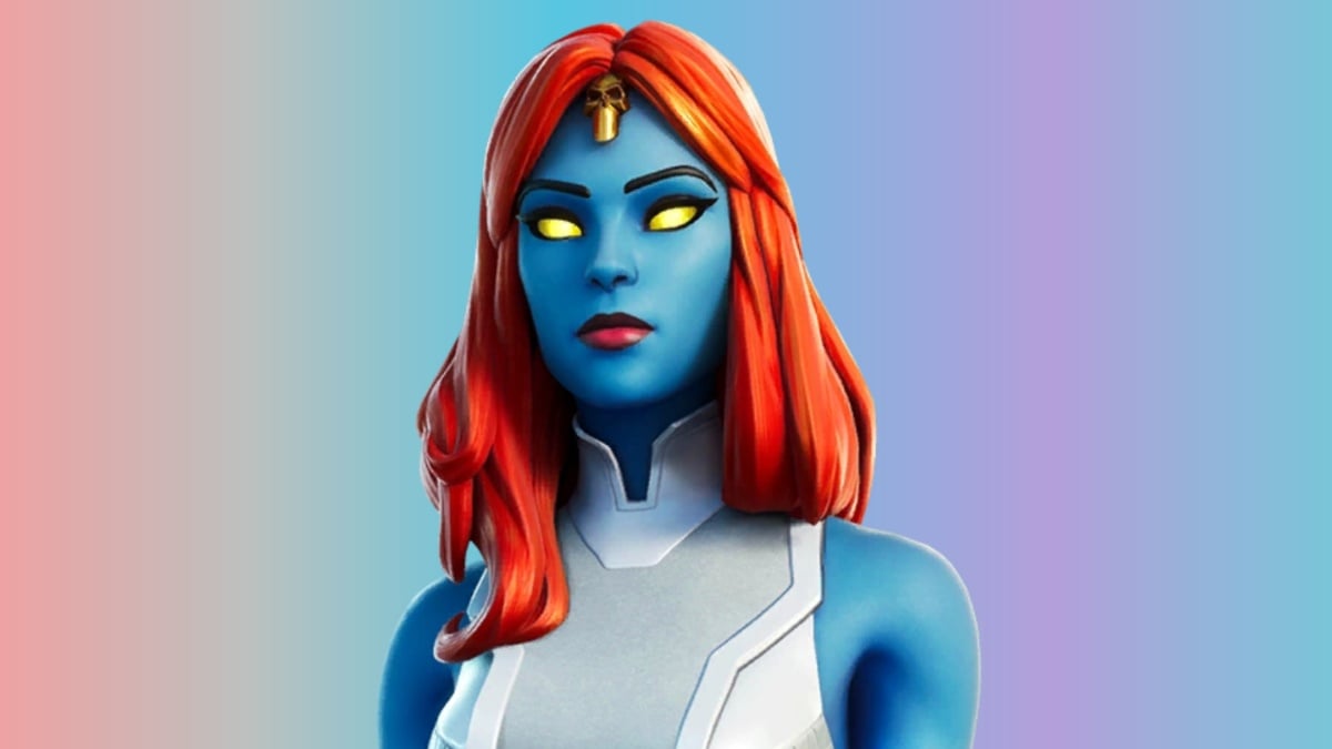 Mystique, a blue woman with orange hair, against a colorful background