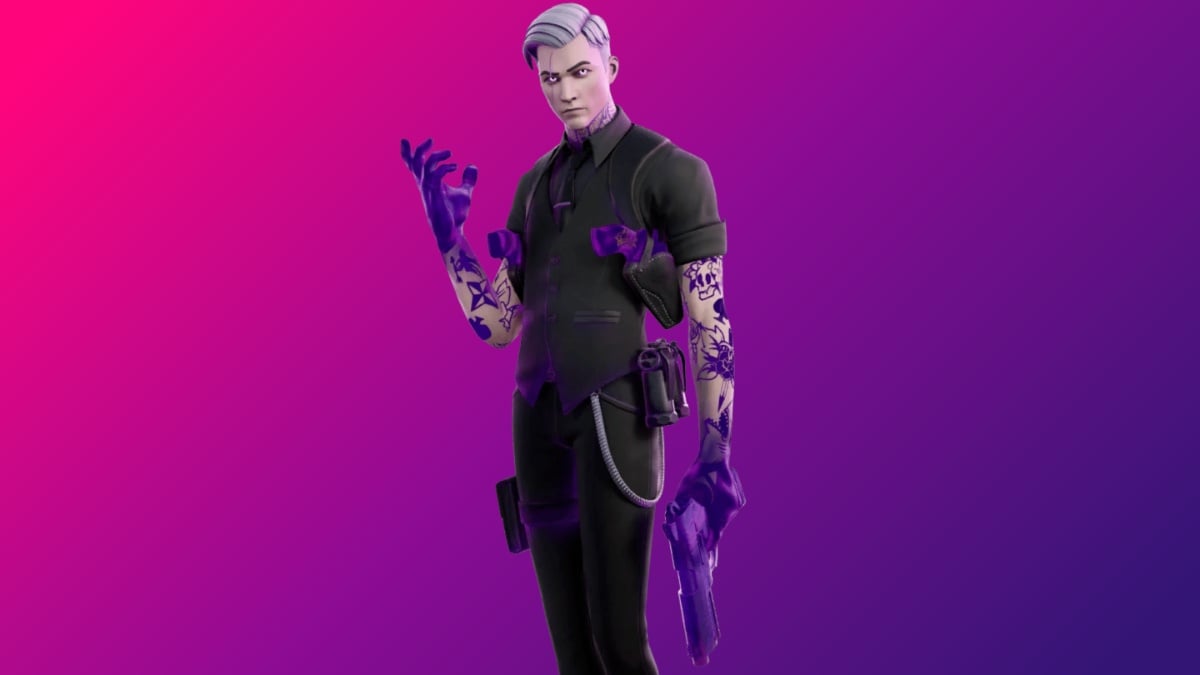 Shadow Midas with purple tattoos against a pink and purple background