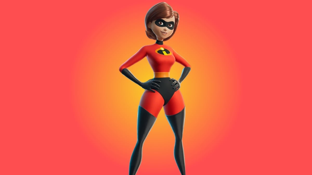 Mrs. Incredible against a red and orange background