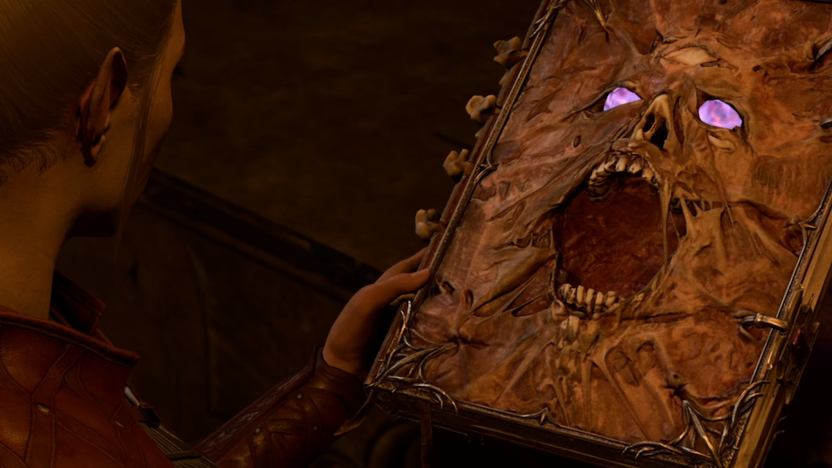 A book in Baldur's Gate 3 with glowing purple eyes and a cavernous mouth, as if a skeleton was trying to push through the book's cover