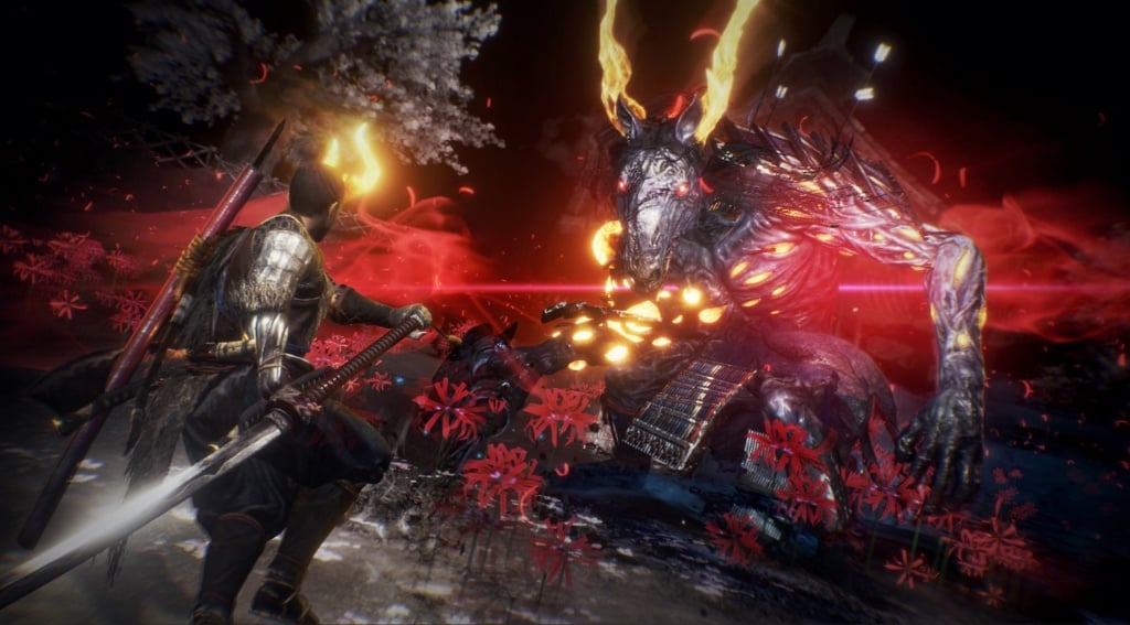 Nioh 2 screengrab rearing up a sword to fight a creepy Minotaur-like enemy