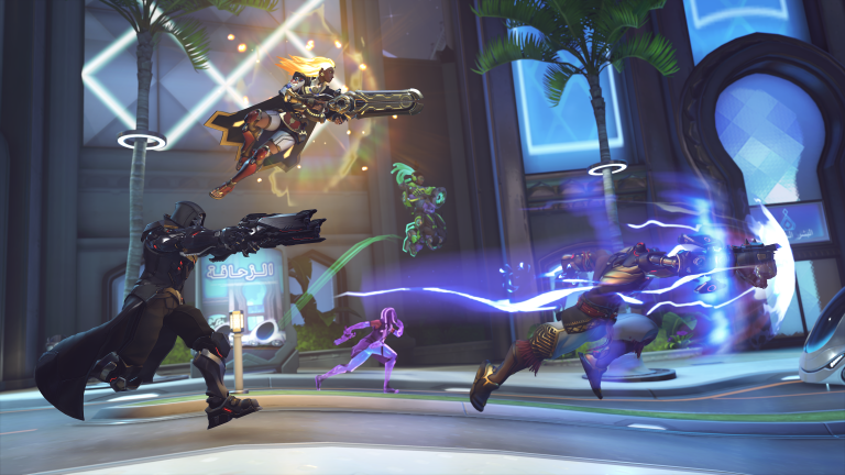 Illari, Doomfist, Reaper, Sombra, and Lucio leave the spawn room together on Oasis.