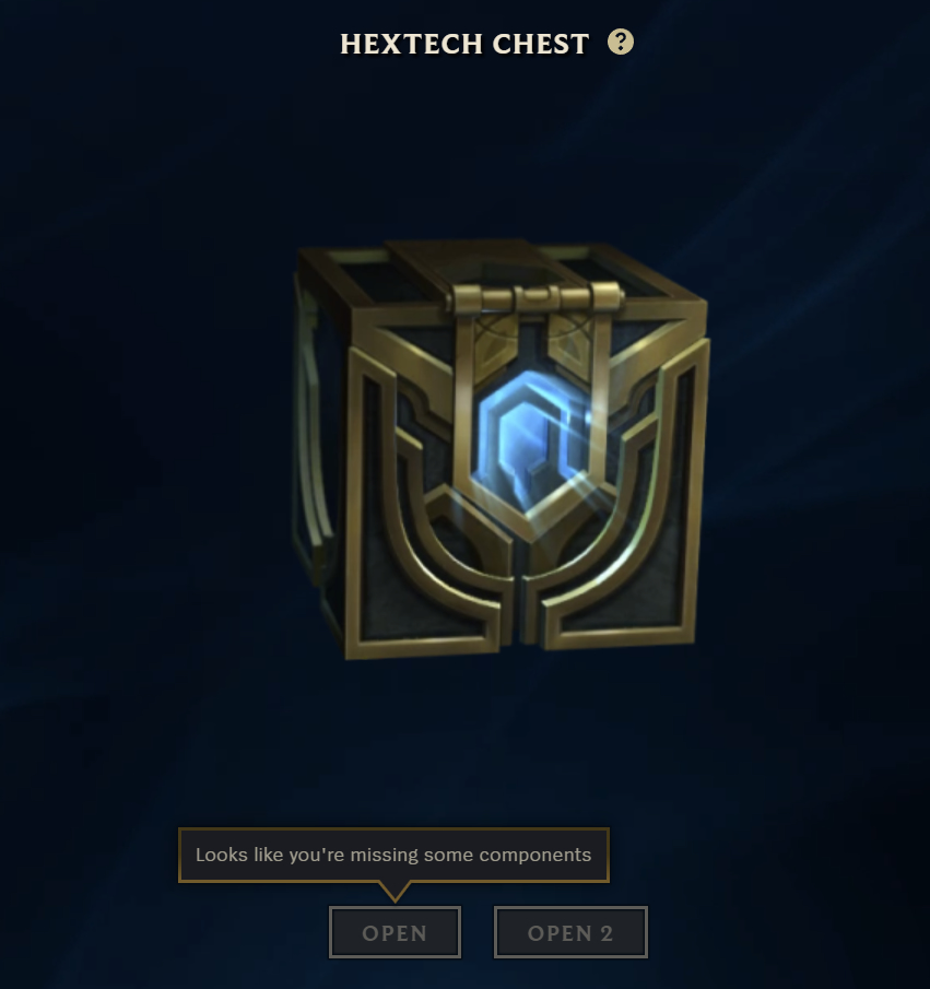A screenshot from the LoL client showing Hextech Chests. It cannot be opened because there's no key to open it.