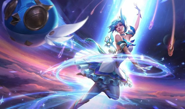 Orianna twirls in a white dress, throwing an orb shaped like a bird in League of Legends.